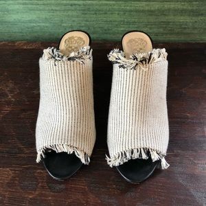Black and white fringed Vince Camuto mules